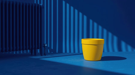 Yellow flower pot placed on a vibrant blue surface with dramatic striped shadows from a radiator, creating a minimalist and modern composition.の素材