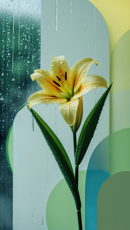 Yellow lily flower with fresh water droplets on petals placed near a rainy window. Abstract geometric shapes in soft green and yellow tones in the background.の素材