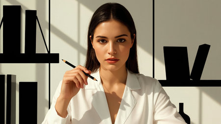 Confident woman wearing a white shirt holding a pencil, seated in a modern office setting with geometric black and white decor and natural light.の素材