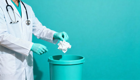 Doctor wearing a white coat and gloves disposing of crumpled paper into a green waste bin against a turquoise background. Concept of hygiene, cleanliness, and medical waste management.の素材