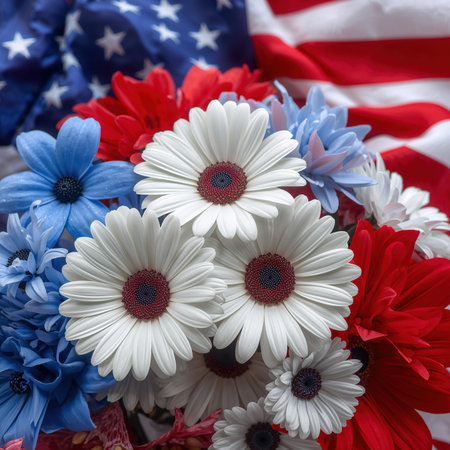 Vibrant bouquet featuring red, white, and blue flowers symbolizing patriotism, placed against a backdrop of the American flag. Perfect for national holidays.の素材