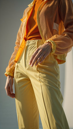 Fashionable woman dressed in yellow pants, an orange top, and a sheer jacket. The outfit is illuminated by soft natural sunlight, creating a warm and vibrant look.の素材