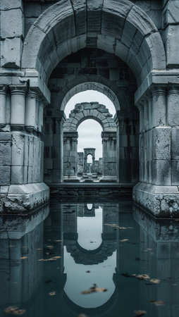 Ancient stone arches with intricate details reflected in still water, forming a symmetrical composition. The scene showcases historic ruins under a cloudy sky.の素材