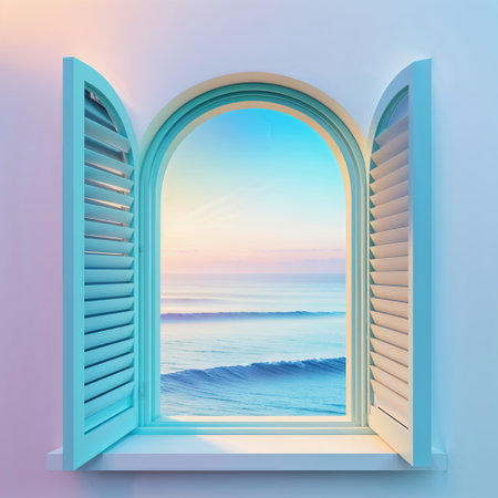 Open arched window with pastel turquoise shutters framing a tranquil ocean scene at sunrise. Soft pink and blue hues fill the sky, creating a peaceful atmosphere.の素材
