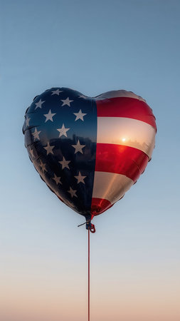 Heart-shaped balloon featuring the American flag design with stars and stripes, floating against a clear sky during sunset. Patriotic and celebratory theme.の素材