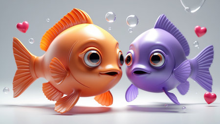 Adorable orange and purple cartoon fish facing each other with expressive eyes, surrounded by floating hearts and bubbles, representing love and affection in a whimsical underwater scene.の素材