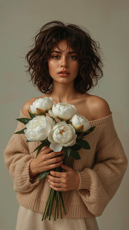 Young woman with short curly hair holding a bouquet of fresh white peonies. She is dressed in a cozy beige sweater, standing against a neutral backdrop.の素材