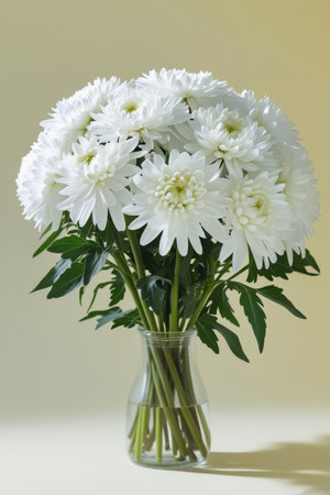 Beautiful arrangement of white chrysanthemums displayed in a transparent glass vase. The soft yellow background enhances the delicate floral composition.の素材