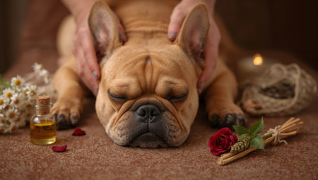 French Bulldog enjoying a relaxing massage surrounded by aromatherapy elements, including essential oil, chamomile flowers, candles, and a red rose, creating a serene atmosphere.の素材
