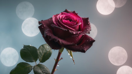 Dark red rose in full bloom with delicate water droplets on petals and leaves. Soft bokeh lights in the background create a romantic and elegant atmosphere.の素材