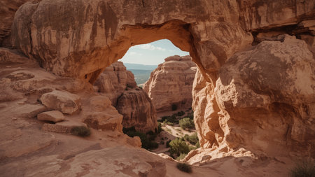 Natural sandstone arch framing a scenic view of a desert landscape with rugged rock formations, sparse vegetation, and a clear blue sky in the distance.の素材