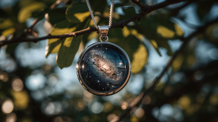 Cosmic-themed pendant featuring a galaxy design encased in glass, hanging on a tree branch. The background showcases blurred green leaves and soft sunlight.の素材