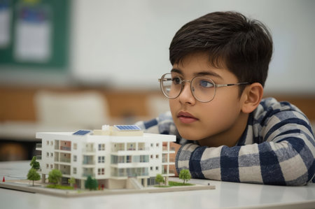 Young boy wearing glasses intently studying a miniature architectural model of a contemporary building with solar panels, placed on a desk in a classroom.の素材