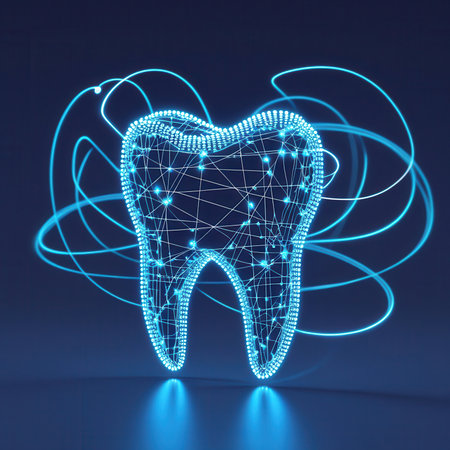 Futuristic digital tooth hologram with interconnected glowing blue lines and nodes, symbolizing dental technology, innovation, and oral health advancements.の素材