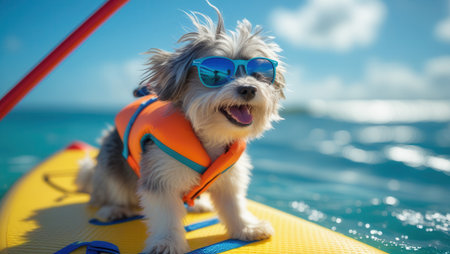 Small fluffy dog wearing blue sunglasses and an orange life jacket, standing on a yellow paddleboard in the ocean under a bright blue sky with clouds.の素材