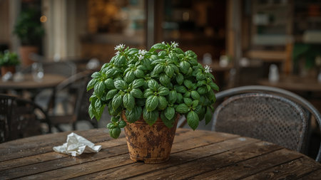 Potted basil plant with vibrant green leaves and small white flowers placed on a rustic wooden table. Outdoor cafe ambiance with blurred chairs and background.の素材