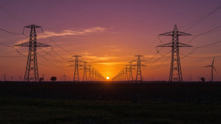 High voltage power lines stretching across a rural field at sunset, with wind turbines in the background. The sky is illuminated in shades of orange and purple.の素材