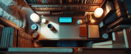 Top view of a cozy home workspace featuring books, smart devices, and warm ambient lighting. A tablet and speakers are placed on a wooden desk surrounded by shelves.の素材