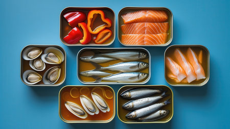 Variety of canned seafood and vegetables arranged in tins on a blue surface. Includes sardines, salmon, clams, and sliced red and yellow bell peppers.の素材