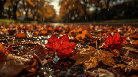 Vibrant autumn leaves in shades of red, orange, and yellow scattered on wet ground. Sunlight filters through trees, creating a warm and serene atmosphere.の素材