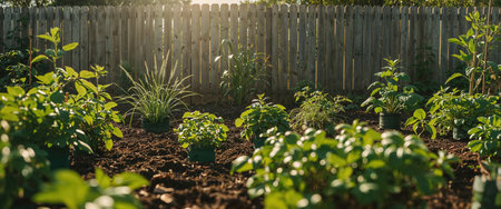 Young vegetable plants thriving in a backyard garden under warm sunlight. The scene features rich soil, vibrant greenery, and a wooden fence in the background.の素材