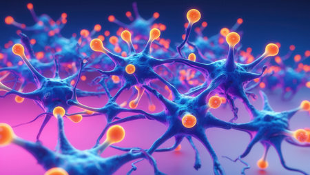 Abstract depiction of neural network connections with glowing synapses in vivid blue and orange hues. Represents neuroscience, brain activity, and artificial intelligence.の素材
