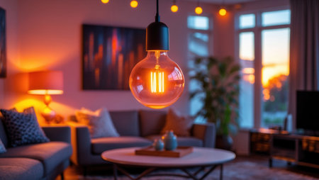 Close-up view of a glowing filament bulb hanging in a stylish living room with modern furniture, warm ambient lighting, and a sunset view through large windows.の素材