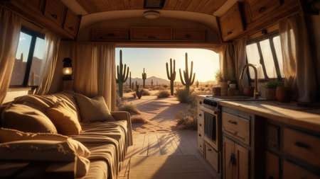 Warm and inviting camper van interior featuring wooden furnishings, a cozy seating area, and a kitchen. The view opens to a serene desert landscape with cacti at sunset.の素材