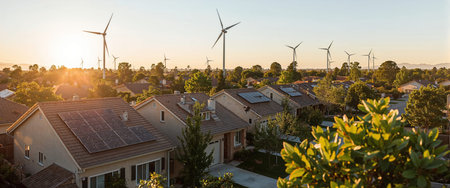 Suburban houses with solar panels on rooftops surrounded by greenery, with wind turbines in the background under a warm sunset sky, promoting renewable energy.の素材
