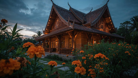 Traditional Thai wooden house featuring intricate roof design illuminated at dusk, surrounded by lush greenery and vibrant orange flowers in a serene setting.の素材