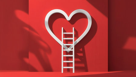 White ladder positioned against a heart-shaped cutout on a vibrant red background. Conceptual representation of love, ambition, and reaching goals.の素材