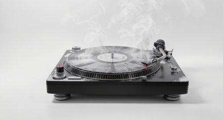 Turntable sits on a clean surface with a vinyl record emitting wisps of smoke and subtle reflections. Minimalist white background leaves ample copyspace and space for text or design elements for editorial and commercial useの素材
