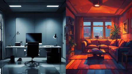 A split image featuring a modern office workspace and a cozy living room with warm lighting. Highlights quiet quitting with contrasting atmospheres of work and relaxation.の素材