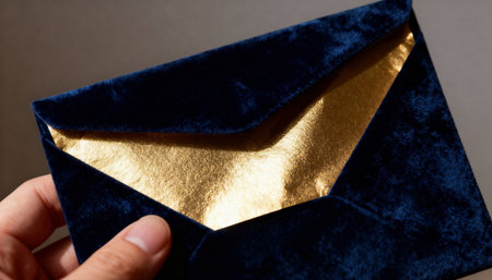 Blue velvet envelope with gold metallic lining is partially opened and held by a hand, conveying premium stationery and refined correspondence for events, gifts, celebration, or branded mailingsの素材