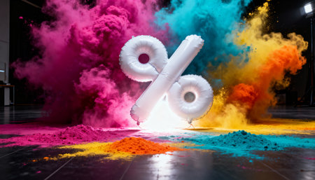 Inflatable percentage symbol placed on a dark surface with vibrant powder explosions in pink, yellow, orange, and blue. Bright and dynamic composition symbolizing discounts or sales.の素材