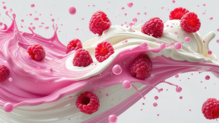 Fresh red raspberries immersed in a swirling splash of pink and white creamy liquid. The dynamic motion and vibrant colors create a visually appealing and appetizing scene.の素材