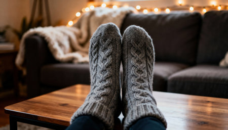 Close-up of gray knitted socks on feet resting on a wooden coffee table in a cozy living room. Warm ambiance with string lights, a sofa, and a blanket in the background.の素材