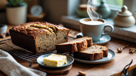Freshly baked banana bread loaf with slices served on a plate, accompanied by butter and a steaming cup of coffee. Cozy kitchen setting with natural light.の素材