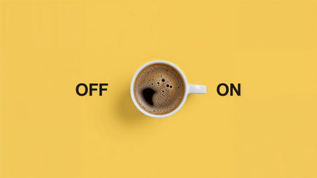 Coffee cup filled with frothy coffee placed on a vibrant yellow background with the text "OFF ON" representing a switch for energy and alertness.の素材