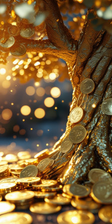 A golden tree adorned with coins as leaves and roots, illuminated by warm glowing bokeh lights. Represents wealth, prosperity, and financial growth in a magical setting.の素材