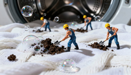 Miniature workers in yellow helmets and blue overalls using shovels to clean dirt on white fabric, surrounded by soap bubbles, with a washing machine in the background.の素材