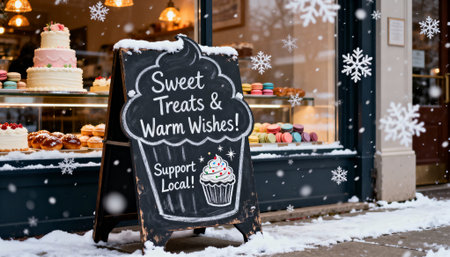 Charming bakery storefront featuring a chalkboard sign with the text "Sweet Treats & Warm Wishes! Support Local!" surrounded by snow and festive decorations. Displayed cakes, macarons, and pastries add to the cozy winter ambiance.の素材