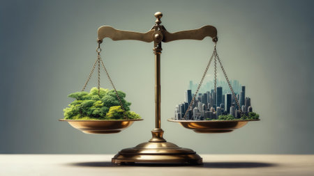 Conceptual image of a golden balance scale with a green forest on one side and a city skyline on the other, representing the balance between nature and urban development.の素材