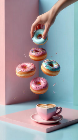A hand holds a blue glazed donut while others float mid-air with vibrant sprinkles. Below, a pink coffee cup with latte art sits on a pastel pink and blue background.の素材