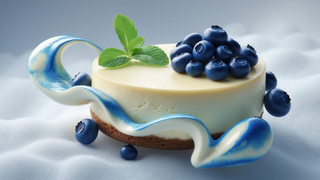 Delicious blueberry cheesecake topped with fresh blueberries and mint leaves, featuring an elegant blue cream swirl. Presented on a soft white background.の素材
