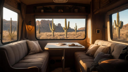 Warm and inviting camper interior with a dining area, cushions, and books. Large windows showcase a scenic desert landscape with cacti and mountains at sunset.の素材