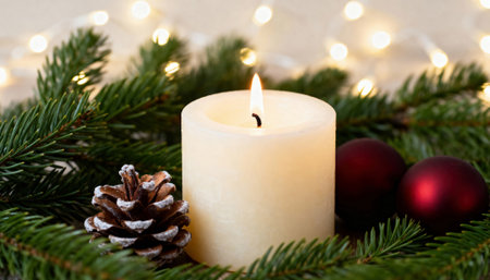 White candle burns amid fresh evergreen branches with pine cone, red baubles and soft fairy lights, with subtle background space available for text or seasonal messaging and cozy holiday moodの素材