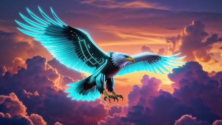 A digitally enhanced eagle with glowing neon blue wings and futuristic details soaring through a colorful sunset sky filled with dramatic clouds. Vibrant and dynamic composition.の素材