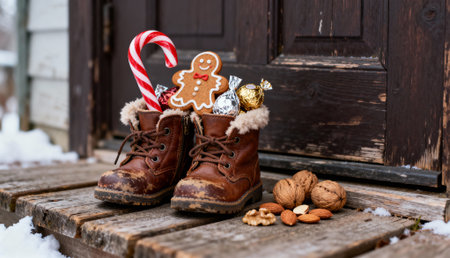 Rustic brown boots filled with festive treats like candy canes, gingerbread cookies, chocolates, and nuts, placed on a snowy wooden porch. Celebrating Saint Nicholas Day tradition.の素材