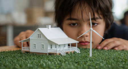 Young child closely examining a miniature house and wind turbine model placed on green grass. Concept of renewable energy, sustainability, and eco-friendly living.の素材